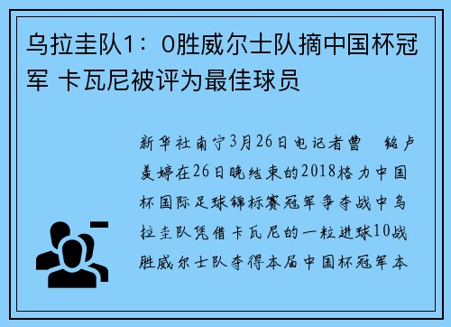乌拉圭队1：0胜威尔士队摘中国杯冠军 卡瓦尼被评为最佳球员